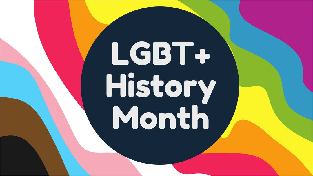 The colours of the progresive pride flag are shown as squiggle lines under the text LGBT History Month