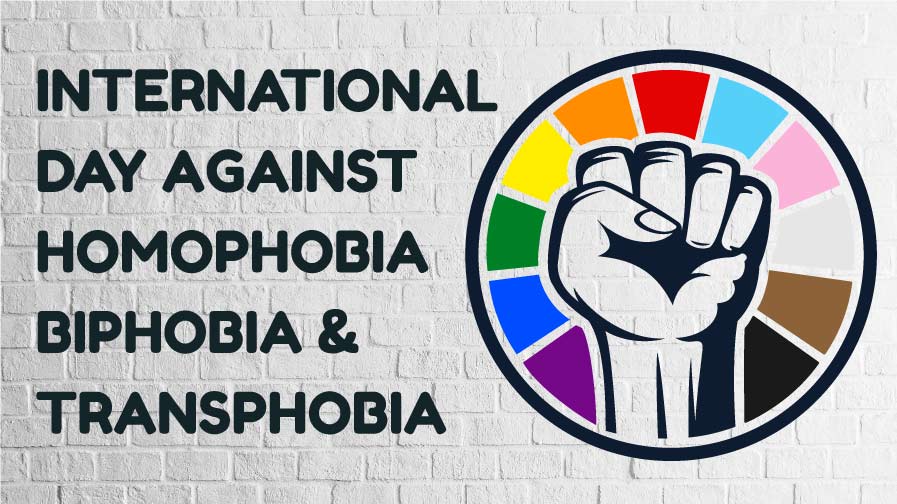 A White wall with a fist illustration and the colours of the rainbow lfag around it. Whit the words International day against homophobia, biphobia, and transphobia