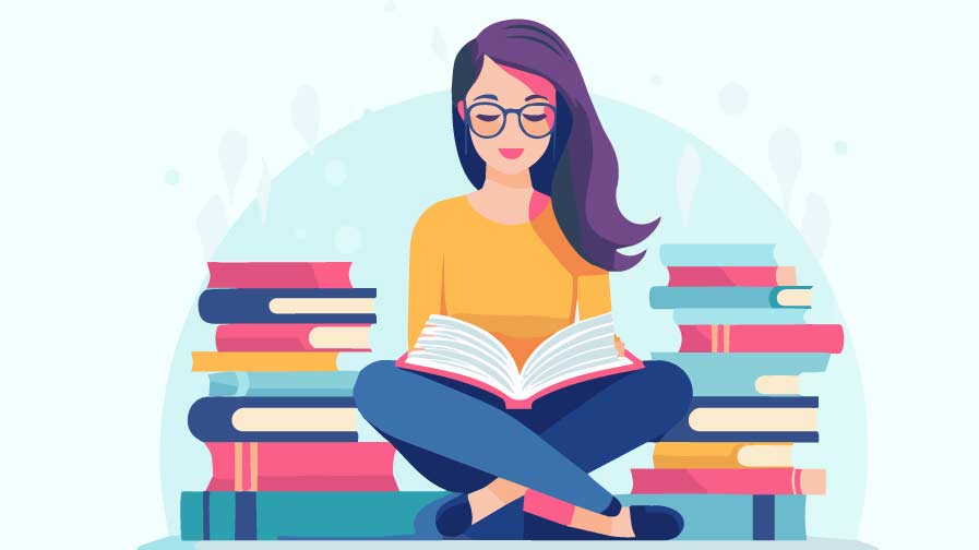 Am illustration of a woman sitting reading, amongst piles of books