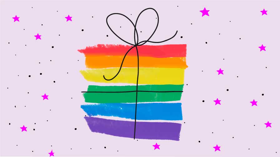 Gifts for gay men image with a present created by a rainbow flag with a ribbon on it and stars on a lilac background.