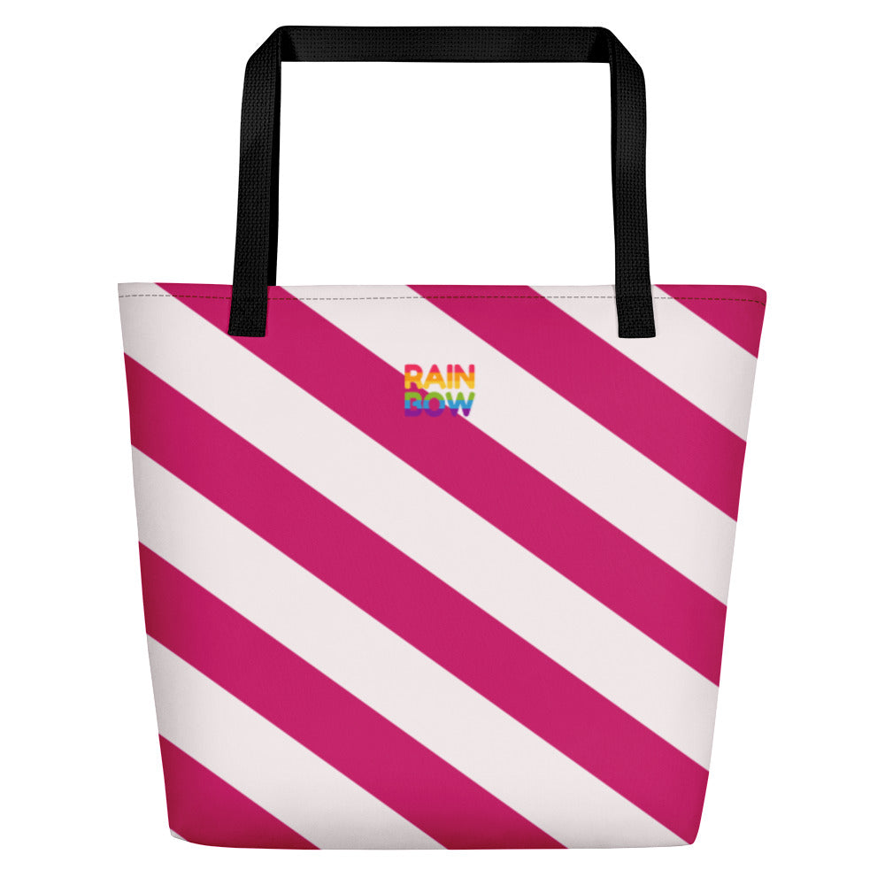 Raspberry and Cream Stripes Large Tote/Beach Bag Bags The Rainbow Stores