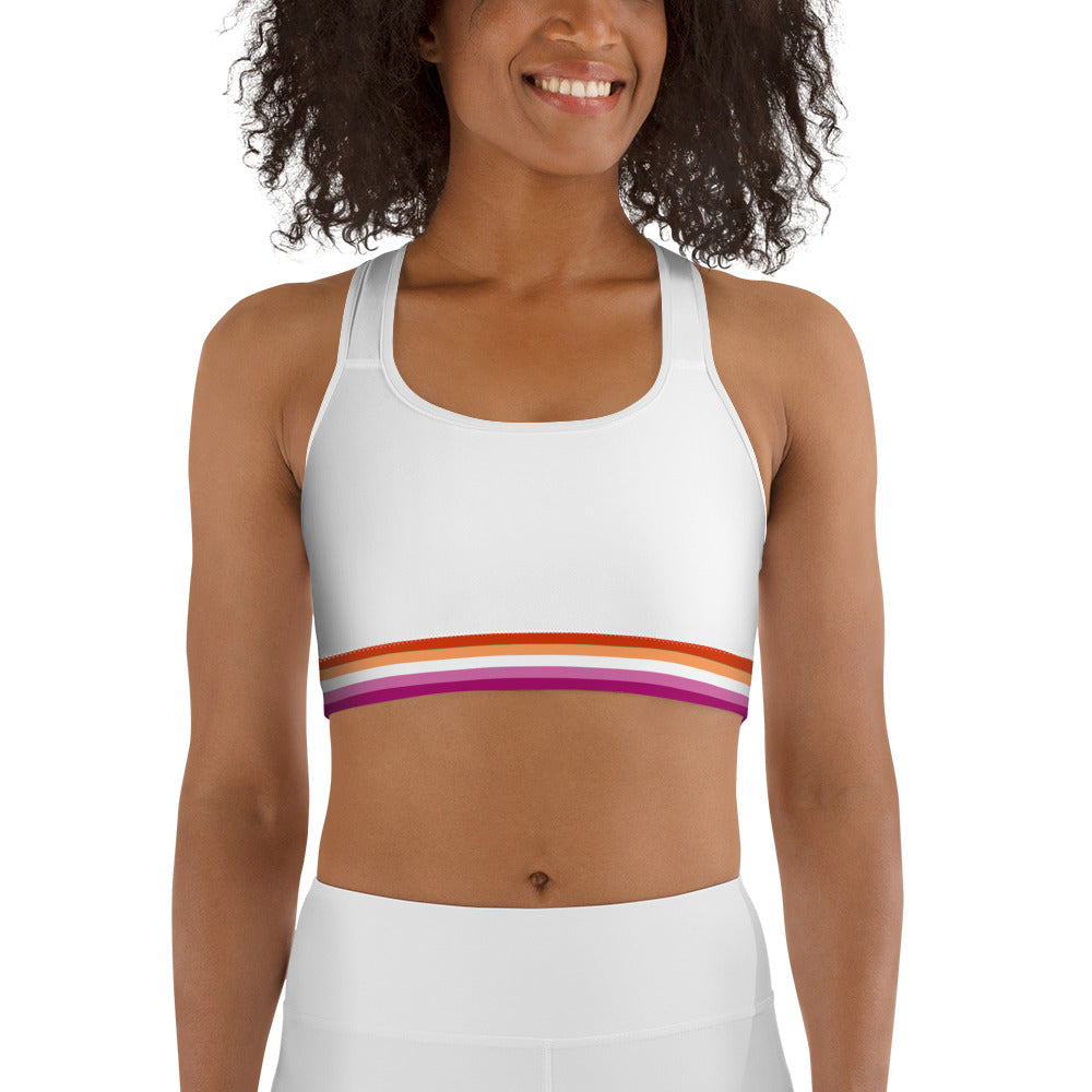 Lesbian Pride Flag Trim Sports Bra (White)