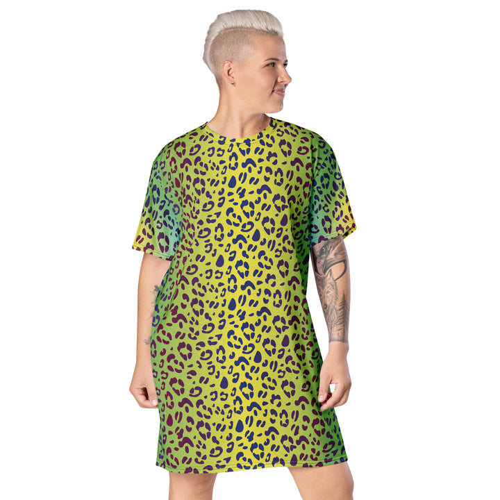 Yellow Green Leopard Print T shirt Dress With Rainbow Collar Flag